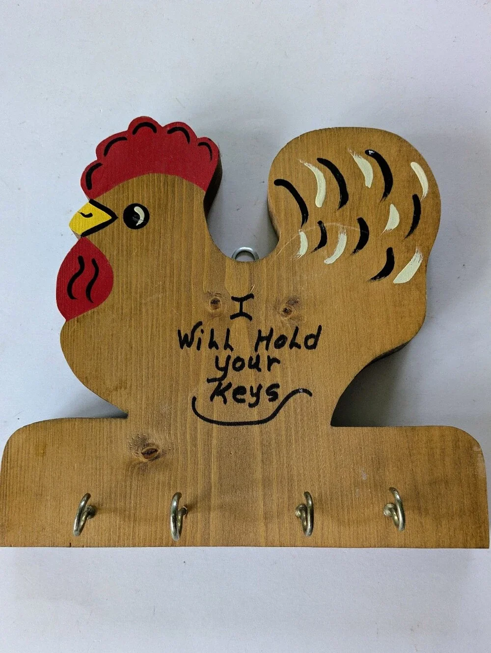 Key Holder Handmade Wall Decor Wooden Hen Rooster Four Brass Hooks